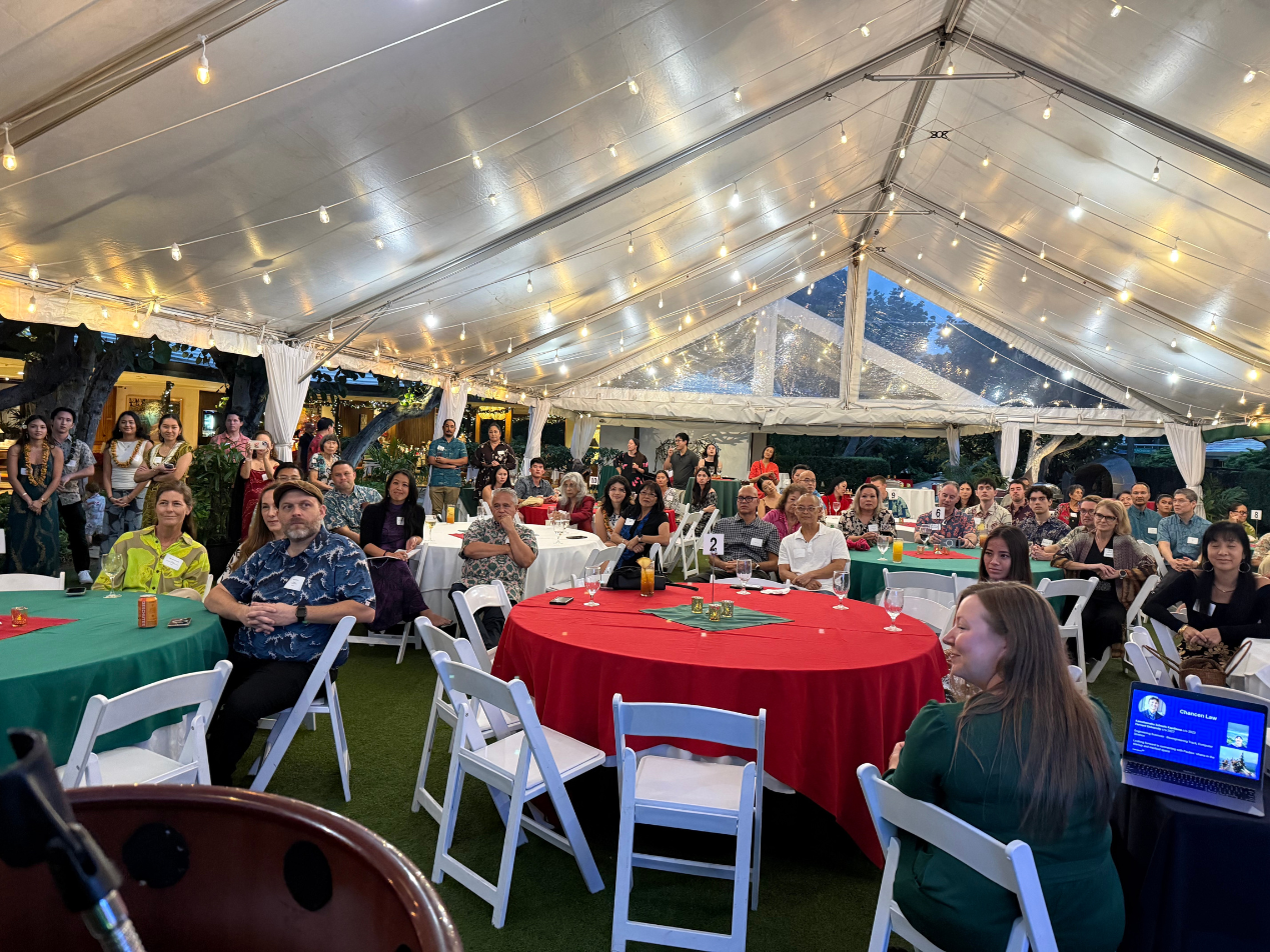 My view from the podium. Impressive turnout | 2025 Paubox Kahikina Scholarship winter networking event