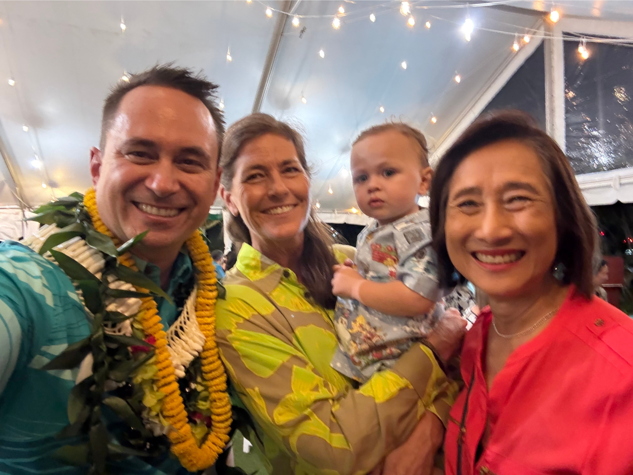 Taking a pic with Chenoa Farnsworth (Managing Director, Blue Startups), my son Moʻokai, and Connie Lau (Board of Trustees, Punahou School)