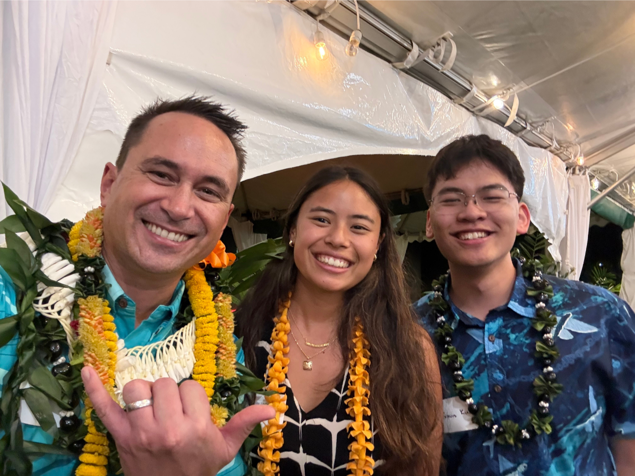 Hoala Greevy with Haliʻa Sniffen (Psychology, UCLA) and Travis Kuo&nbsp; (Electrical Engineering, Mathematics + Computer Science, Washington University)
