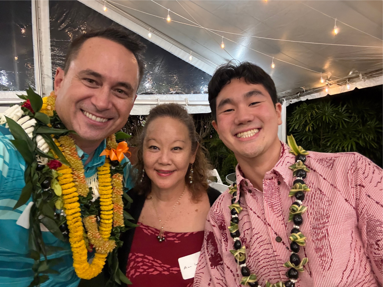 Hoala Greevy with Nick Wong (Sr. Product Manager, Paragon) and his Mom | 2025 Paubox Kahikina Scholarship winter networking event