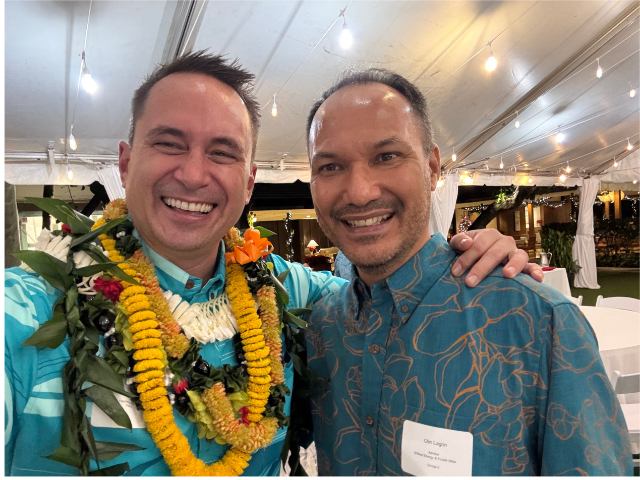 Hoala Greevy with Olin Lagon, someone who comes along once every hundred years | 2025 Paubox Kahikina Scholarship winter networking event