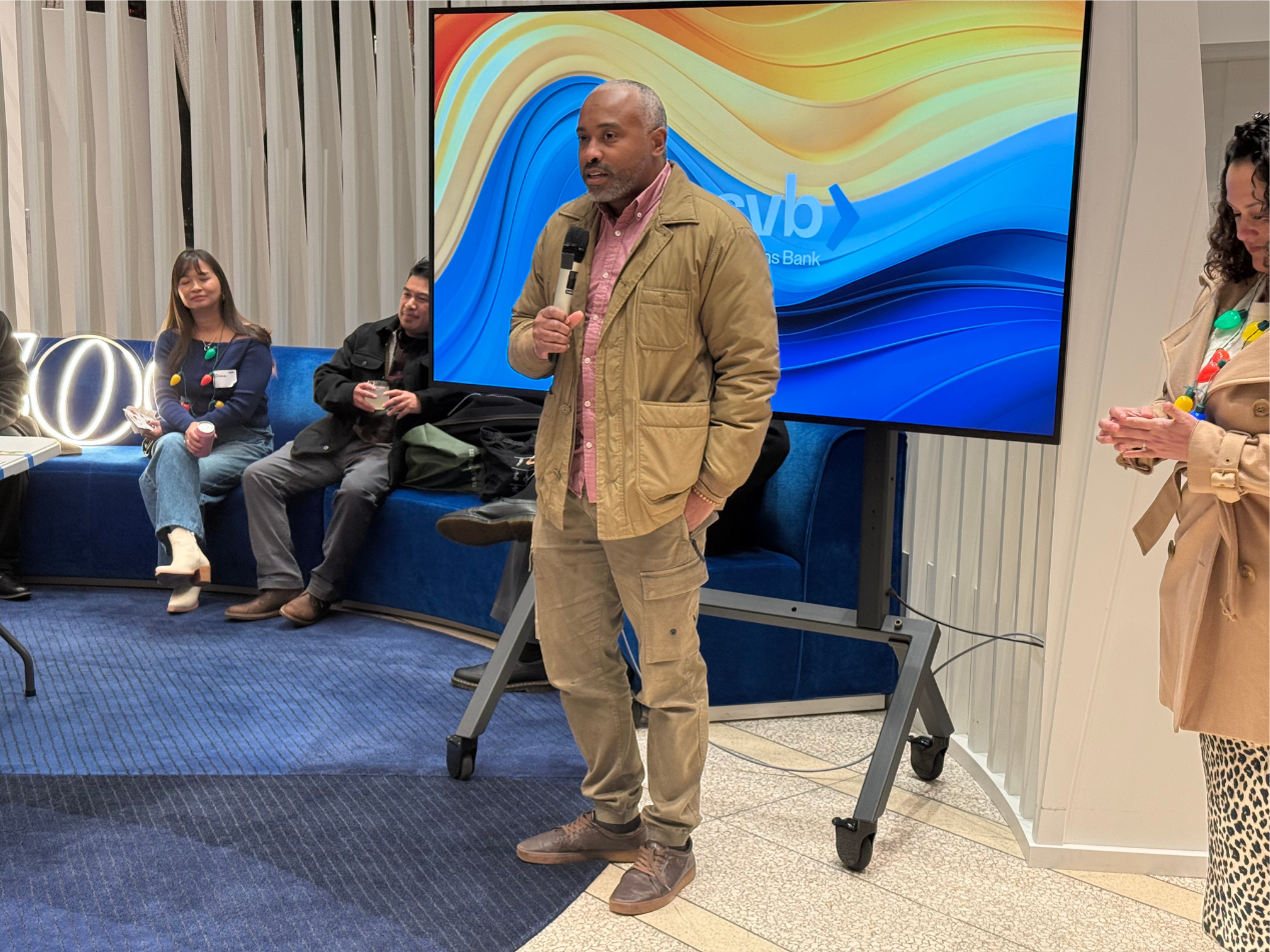 Clayton Bryan kicking off the 500 Global holiday party | 500 Global's Holiday Party 2025