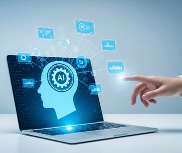 Image of someone touching a digital face with a machine inside of it. 