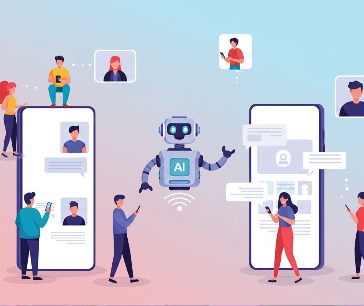 AI bot icon surrounded by people icons and smartphones