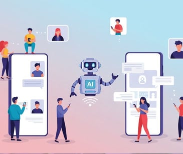 AI bot icon surrounded by people icons and smartphones