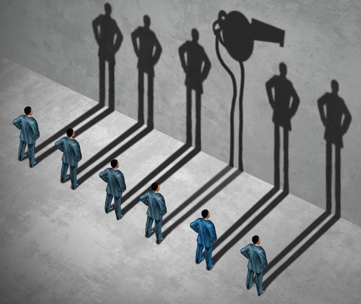 row of people standing with shadows and one whistle shadow