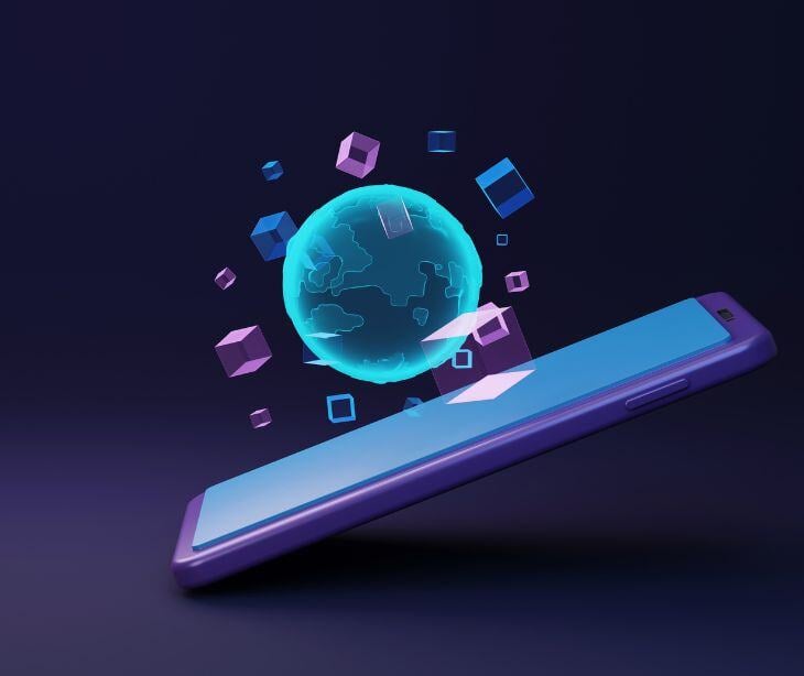 floating globe icon over tablet