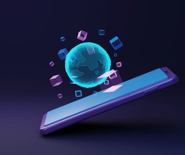 floating globe icon over tablet