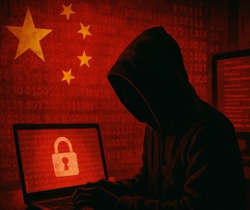 hacker on laptop with chinese flag in background