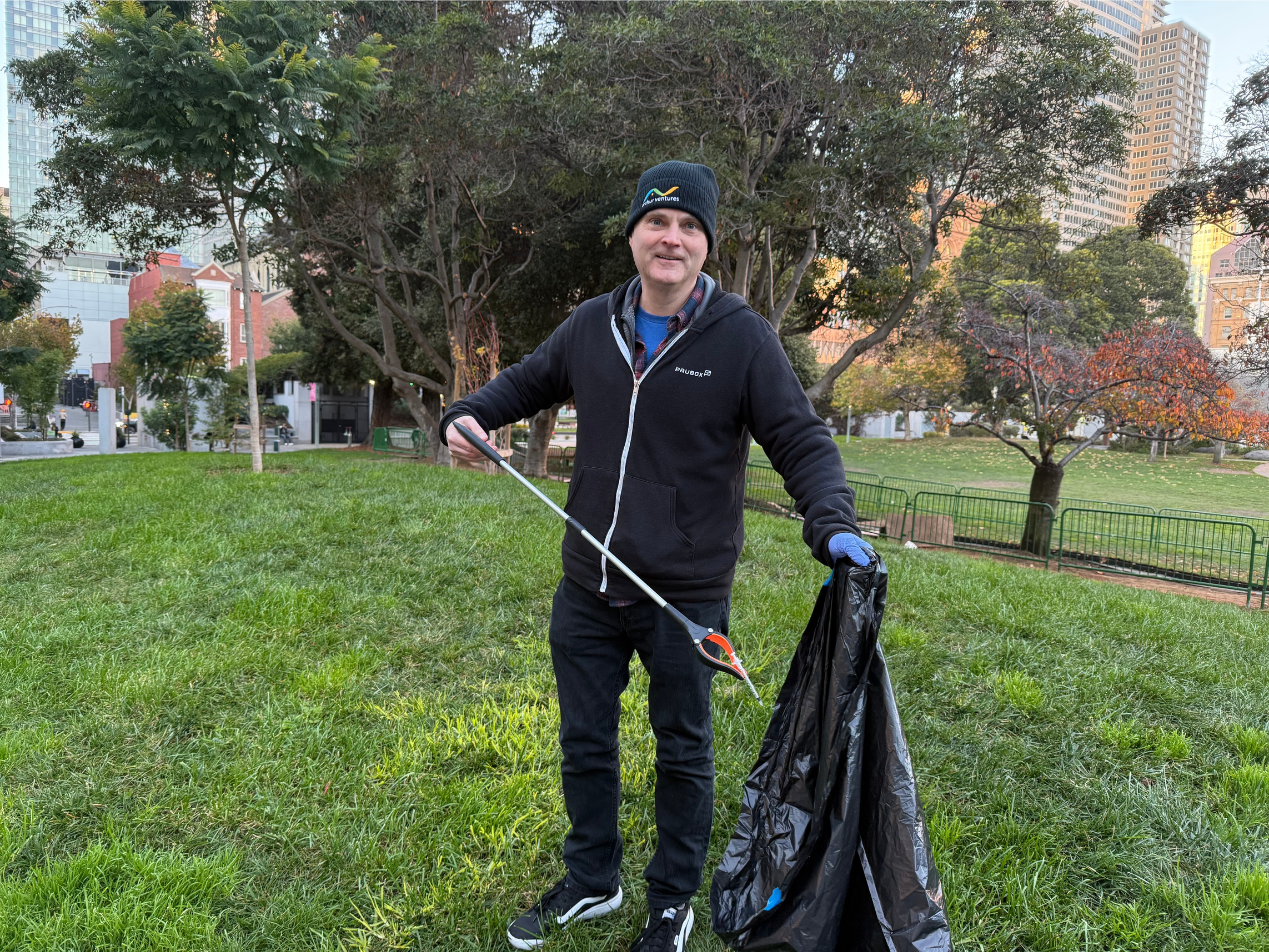 Pete Kirsheman cleaning up an IV needle in the park | Cleaning up Yerba Buena Gardens - Paubox Community Service