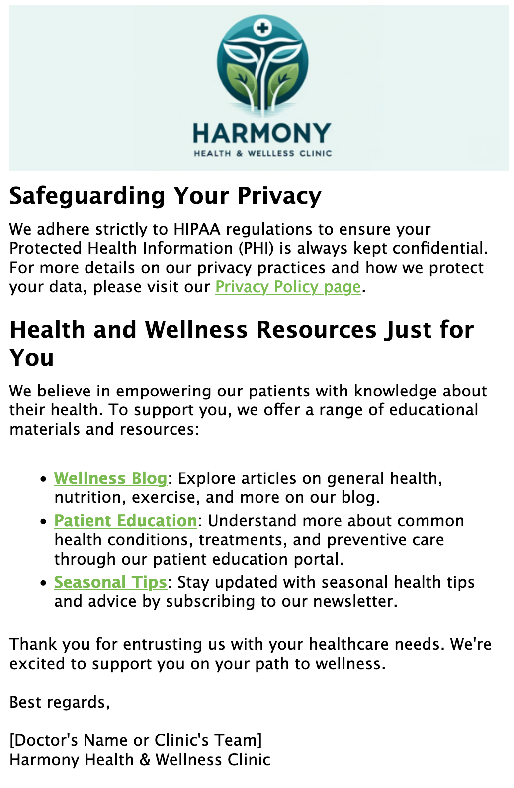 Your privacy and wellness resources at Harmony Health & Wellness