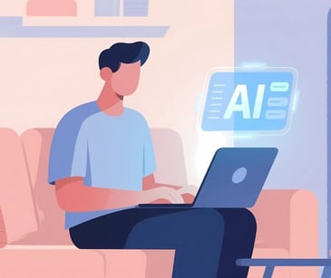 man on computer with AI floating icon