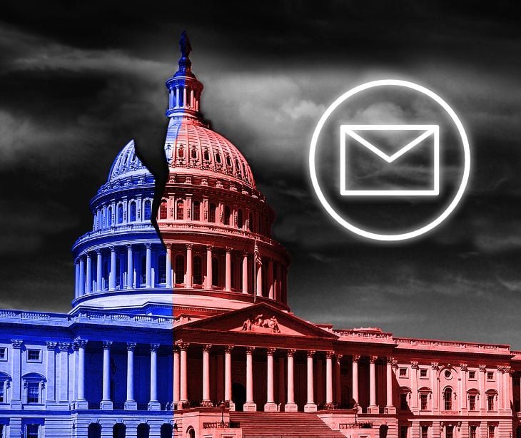 red and blue US capitol building with floating email icon