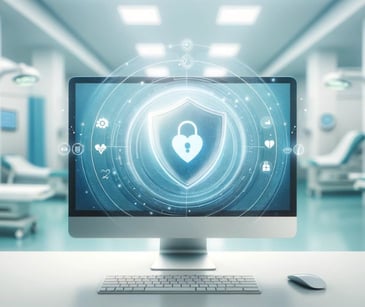 computer screen with floating healthcare icons