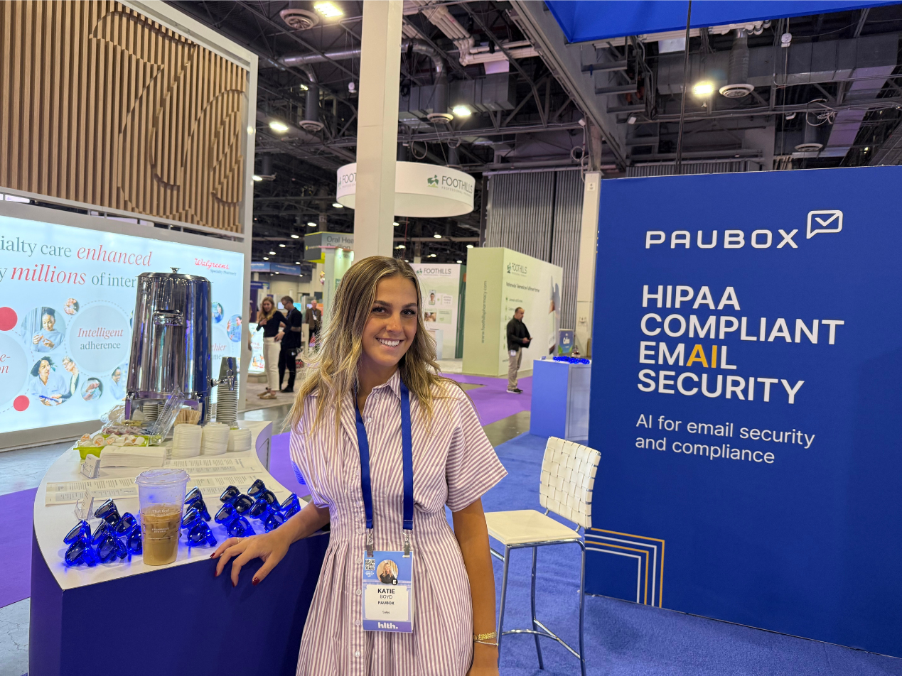 Katie Boyd on one of hot corners (coffee + Paubox blinking shades) at the Paubox booth | HLTH USA 2025 Day 1: My Takeaways