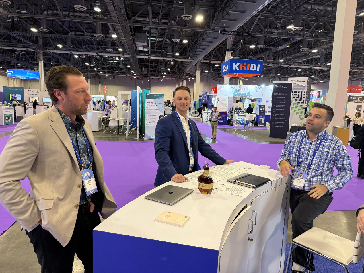 Greg "Hoff" Hoffman, Evan "Fitz" Fitzgerald, and Jordan Holmes plotting larger booth size at next yearʻs HLTH USA in Las Vegas.