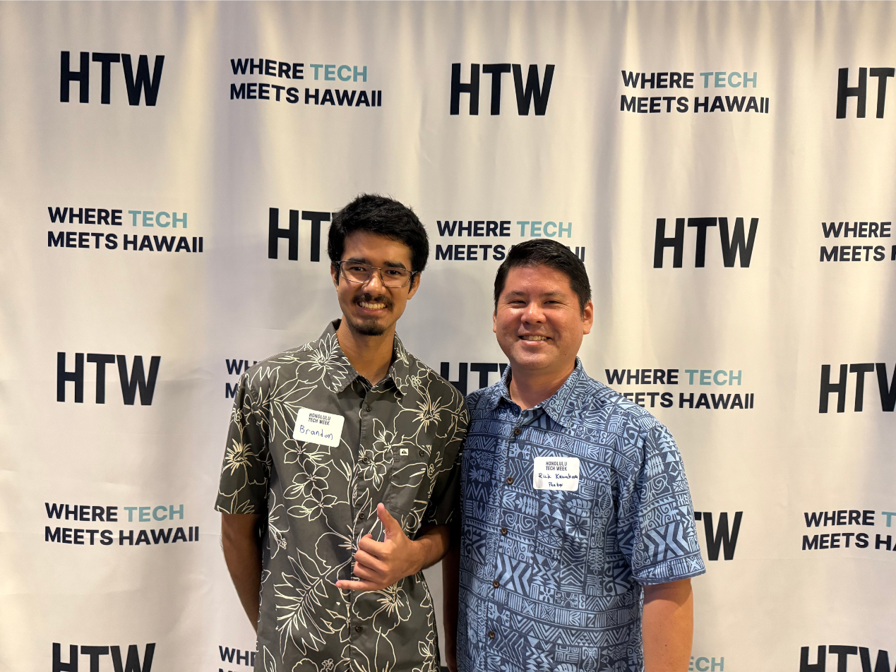 Fellow Mililani High School graduates Brandon Diggs (Paubox Kahikina Scholarship recipient) and Rick Kuwahara (Paubox COO) | Honolulu Tech Week 2025: Paubox Kahikina Scholarship Panel