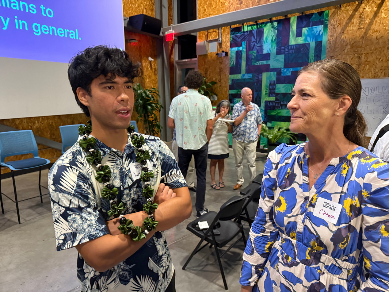 Austin Cataluna discussing his startup ideas with Chenoa Farnsworth (Managing Director, Blue Startups) | Honolulu Tech Week 2025: Paubox Kahikina Scholarship Panel