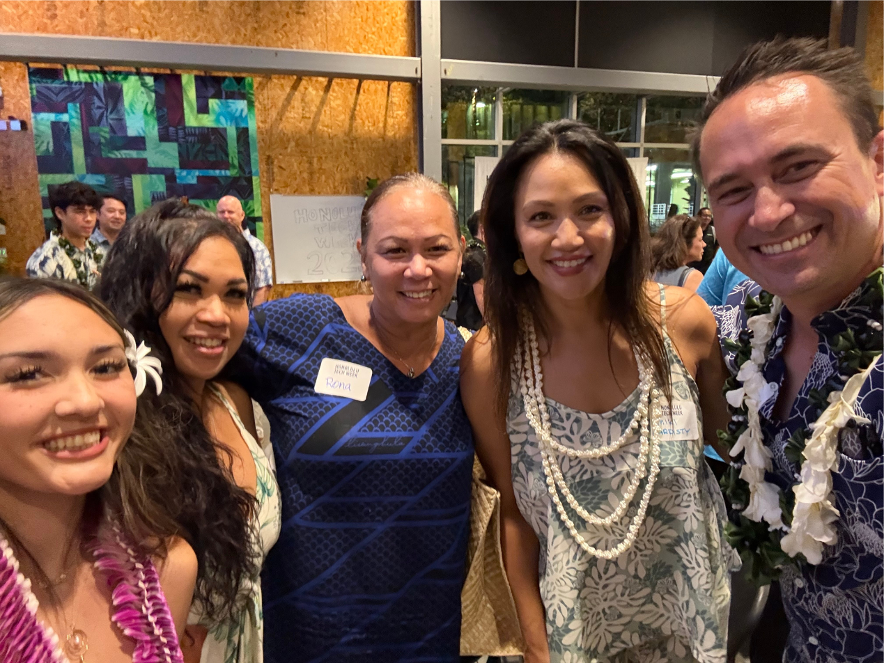 Left to right: Gabbie Nakamatsu, Jennifer Kauweloa, Rona Wong, Miki Hardisty, and myself | Honolulu Tech Week 2025: Paubox Kahikina Scholarship Panel