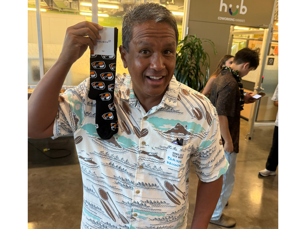 Paubox advisor Blaine Kahoonei adding to his collection of Pausox | Honolulu Tech Week 2025: Paubox Kahikina Scholarship Panel