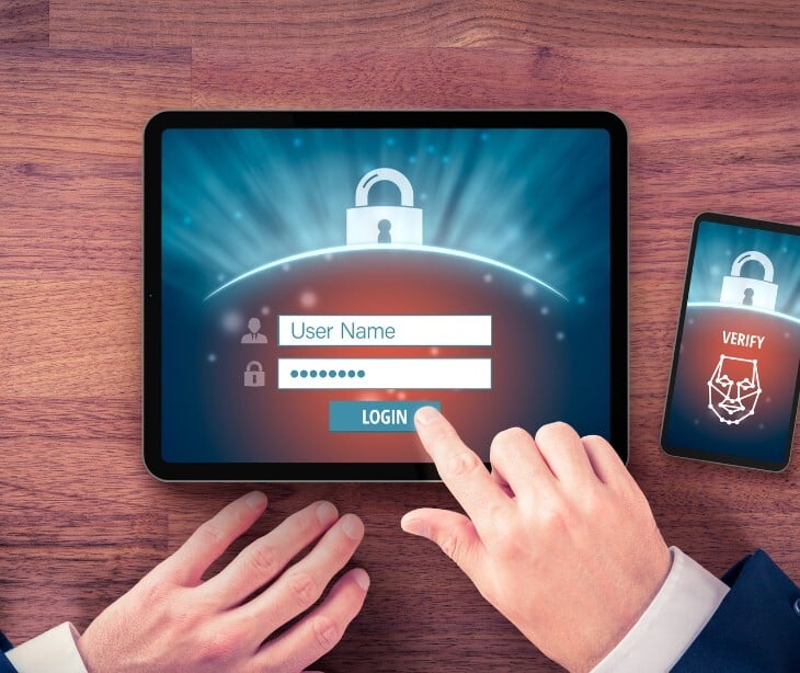 Image of a tablet next to a phone, showing multifactor authentication. 