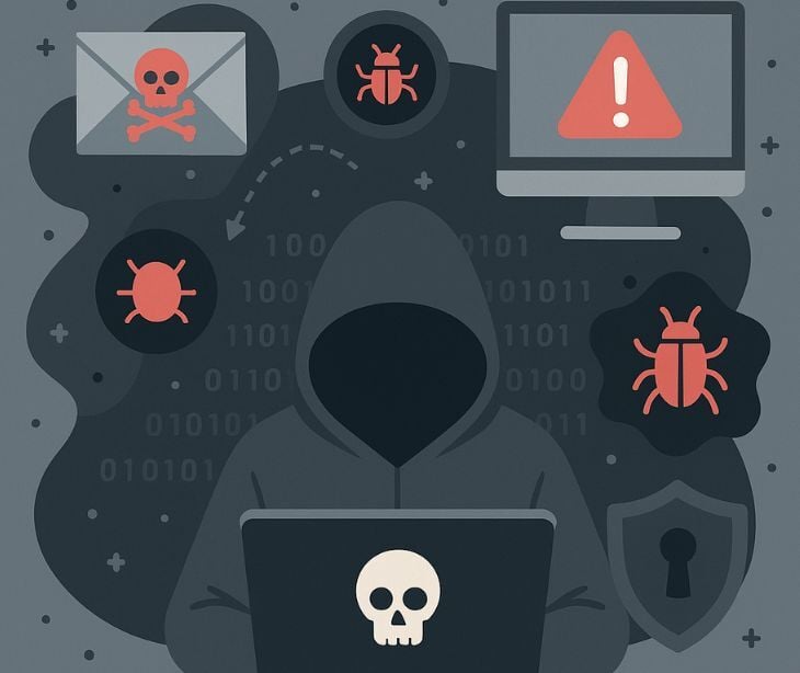 hacker at computer with floating attack icons