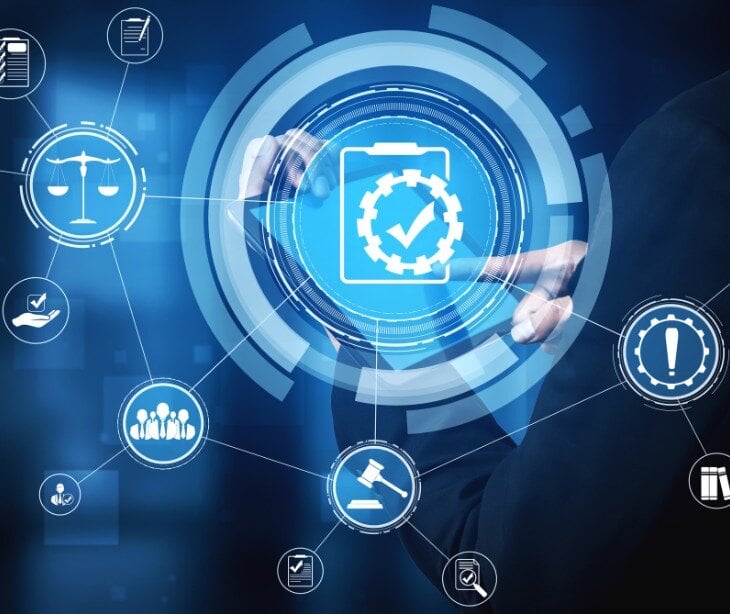 floating digital communication and law icons