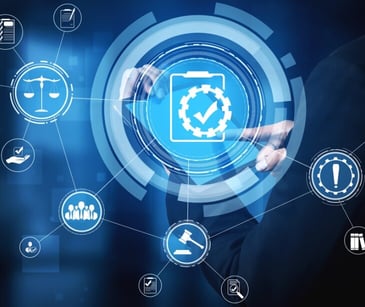 floating digital communication and law icons