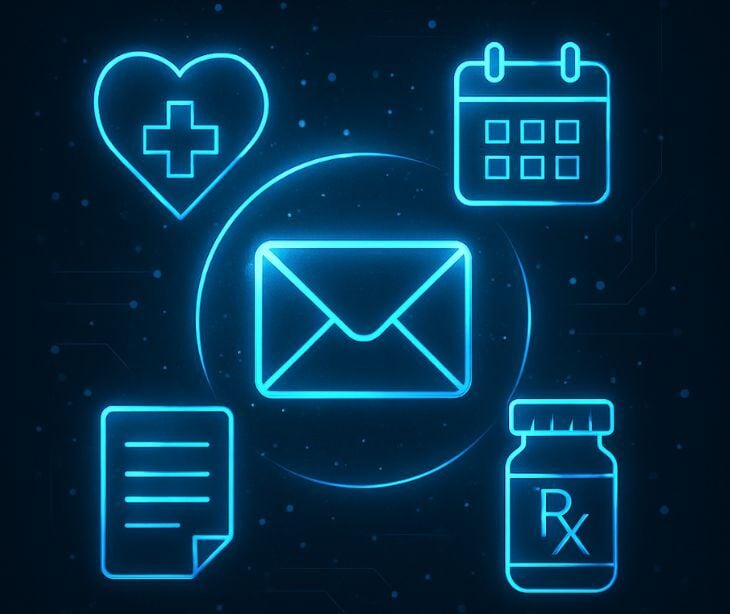 email icon surrounded by healthcare icons