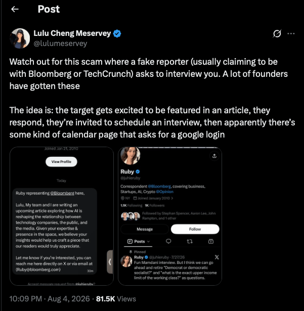 Screenshot of Lulu Cheng Meservey's X post warning about fake reporter credential-theft scam targeting founders