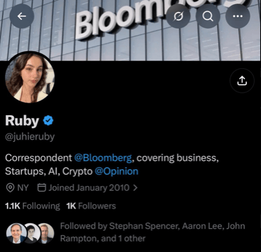 Fake Bloomberg correspondent profile on X with bio, photo, and follower count mimicking a real journalist account