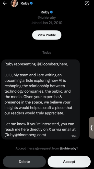 Fraudulent X profile impersonating Bloomberg correspondent with profile photo, follower count, and bio