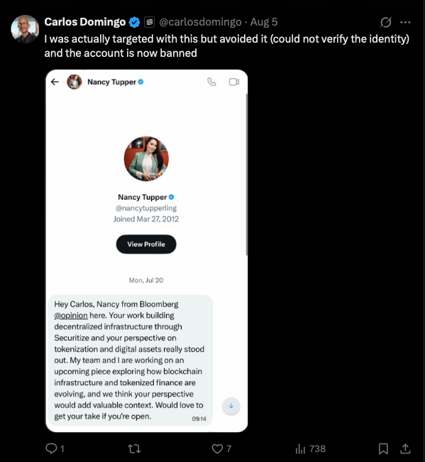 Screenshot of X message from account impersonating Nancy Tupper requesting information about decentralized infrastructure and blockchain finance