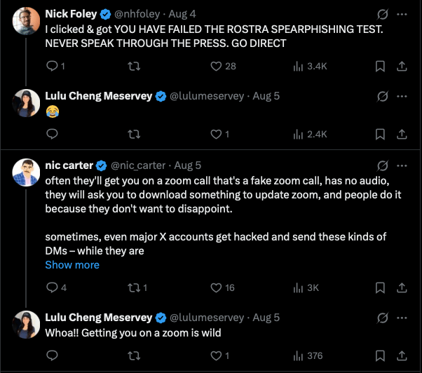 Twitter thread discussing fake Zoom calls and credential theft tactics used by scammers