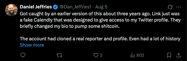 Tweet from Daniel Jeffries describing how he was targeted by a fake Calendly credential phishing scam