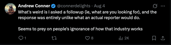 Tweet from Andrew Conner about how fake reporters prey on people's ignorance of journalism industry practices