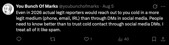 Tweet advising treating unsolicited social media DMs like spam and contacting through verifiable channels instead
