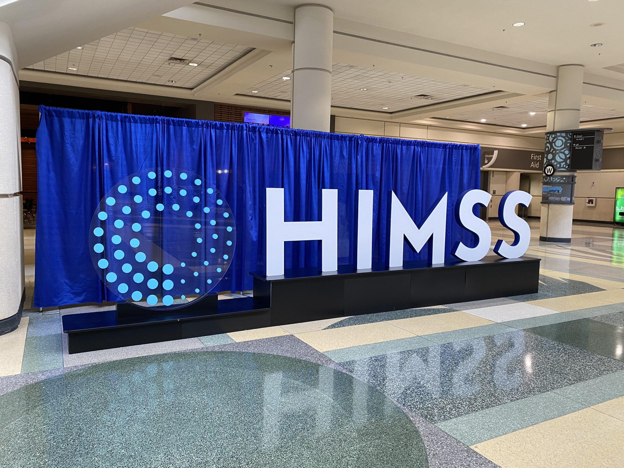 HIMSS logo in the convention lobby