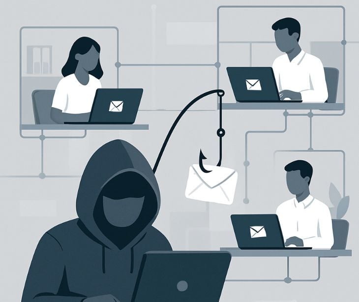 hacker with people on computers and phishing hook 