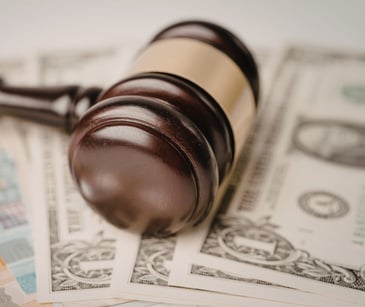 Image of a gavel on top of money. 