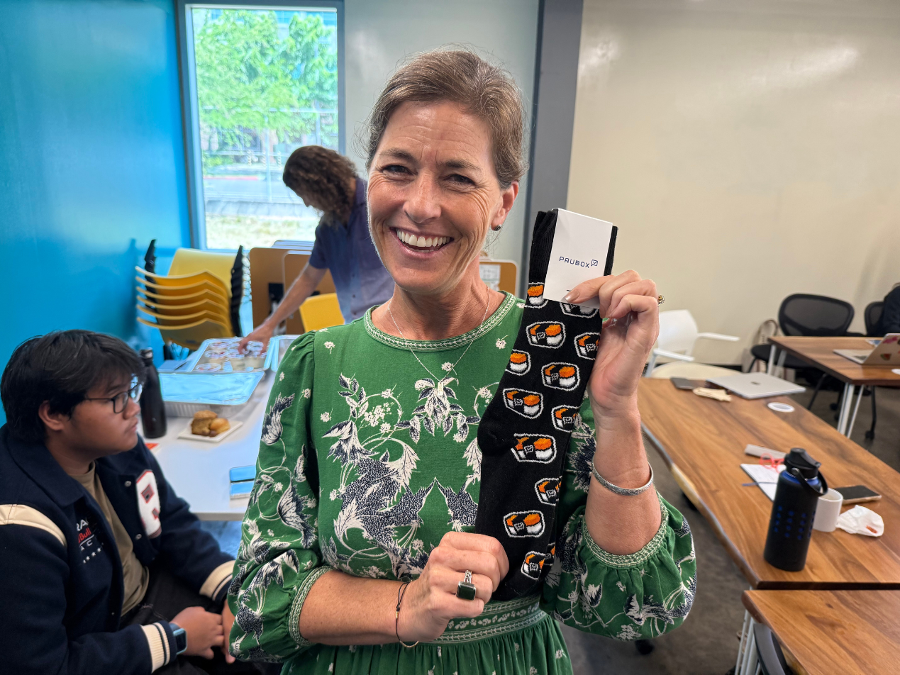 Chenoa Farnsworth sporting the special edition spam musubi Pausox | Lucky Number 17: Sharing  my Lessons Learned as a Startup CEO with Blue Startups Cohort 17