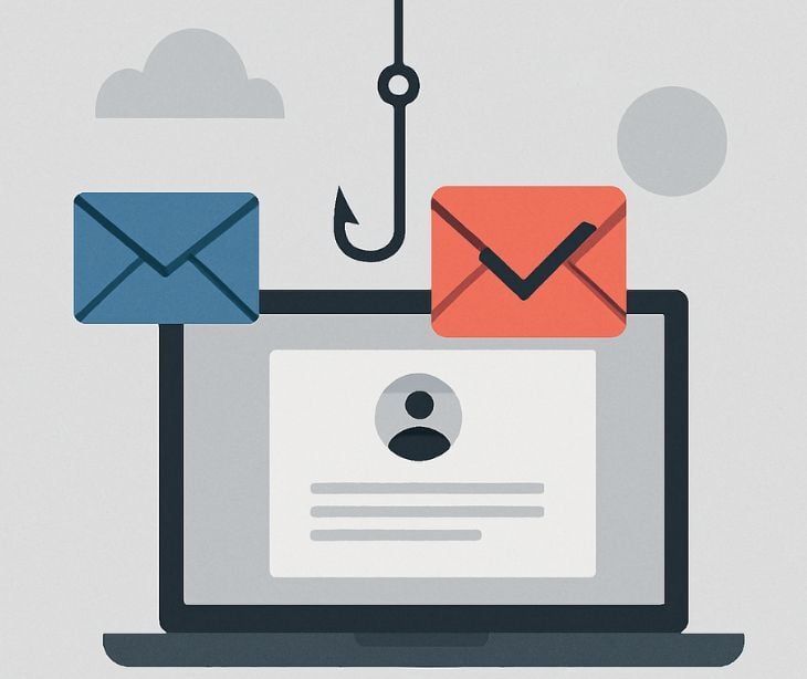 fishing hook with email icons on computer screen