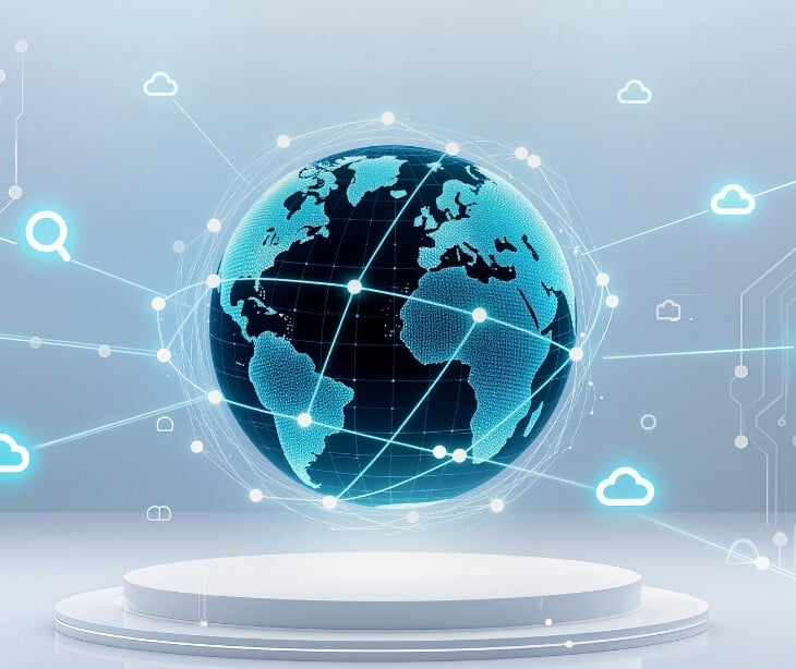 Image of a digital earth with lines outside of it connecting to clouds. 