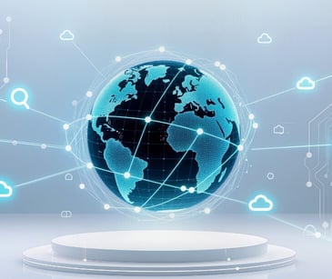 Image of a digital earth with lines outside of it connecting to clouds. 