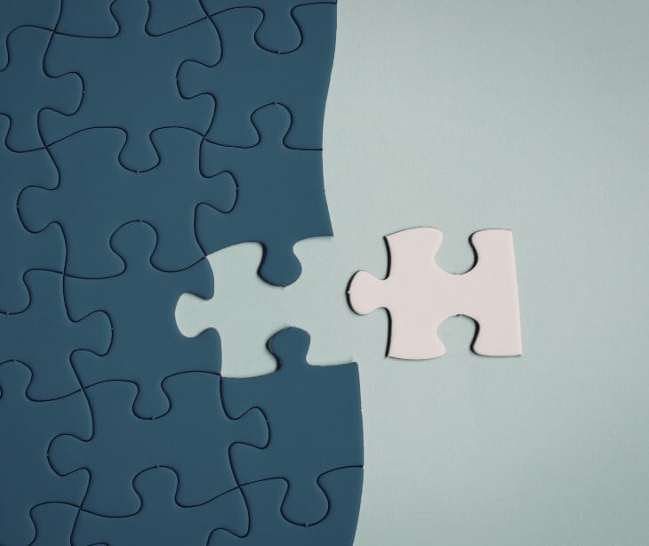Image of a puzzle piece next to a complete puzzle. 