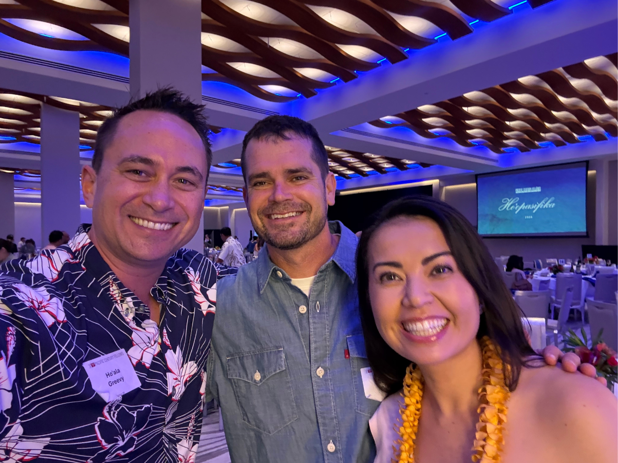 Hoala Greevy with James Duca (PCF 2009) and Yunji de Nies (PCF 2018), both members of the Paubox Kahikina Scholarship Advisor network