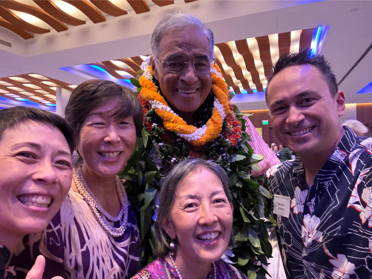 We had to move quick to catch a selfie with PCF Founder and former Mayor of Honolulu, Mufi Hannemann. Left to right: Rachael Wong, Lea Hong, Mufi Hannemann, Pauline Saito, and myself.