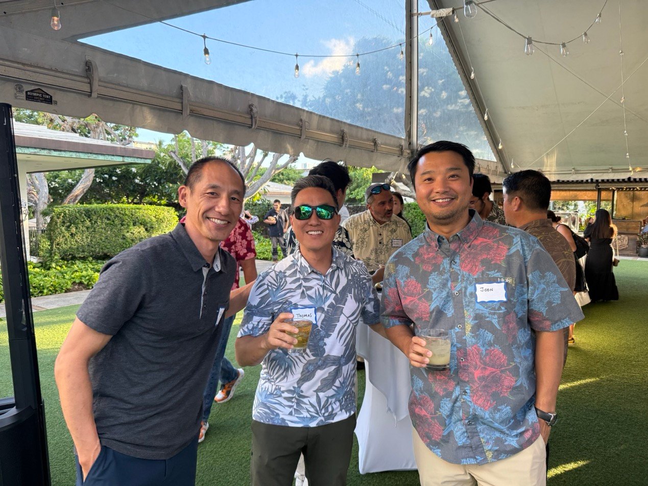 Left to right: Ben Wang (Principal, BlackSand Capital), Thomas Lee (Senior Vice President of Development, Hawaii Region at Hunt Companies), and Joon Yang (Mechanical Engineering Division Head, Pearl Harbor Naval Shipyard). My accomplished friends are all members of the Paubox Kahikina Scholarship Advisor network.