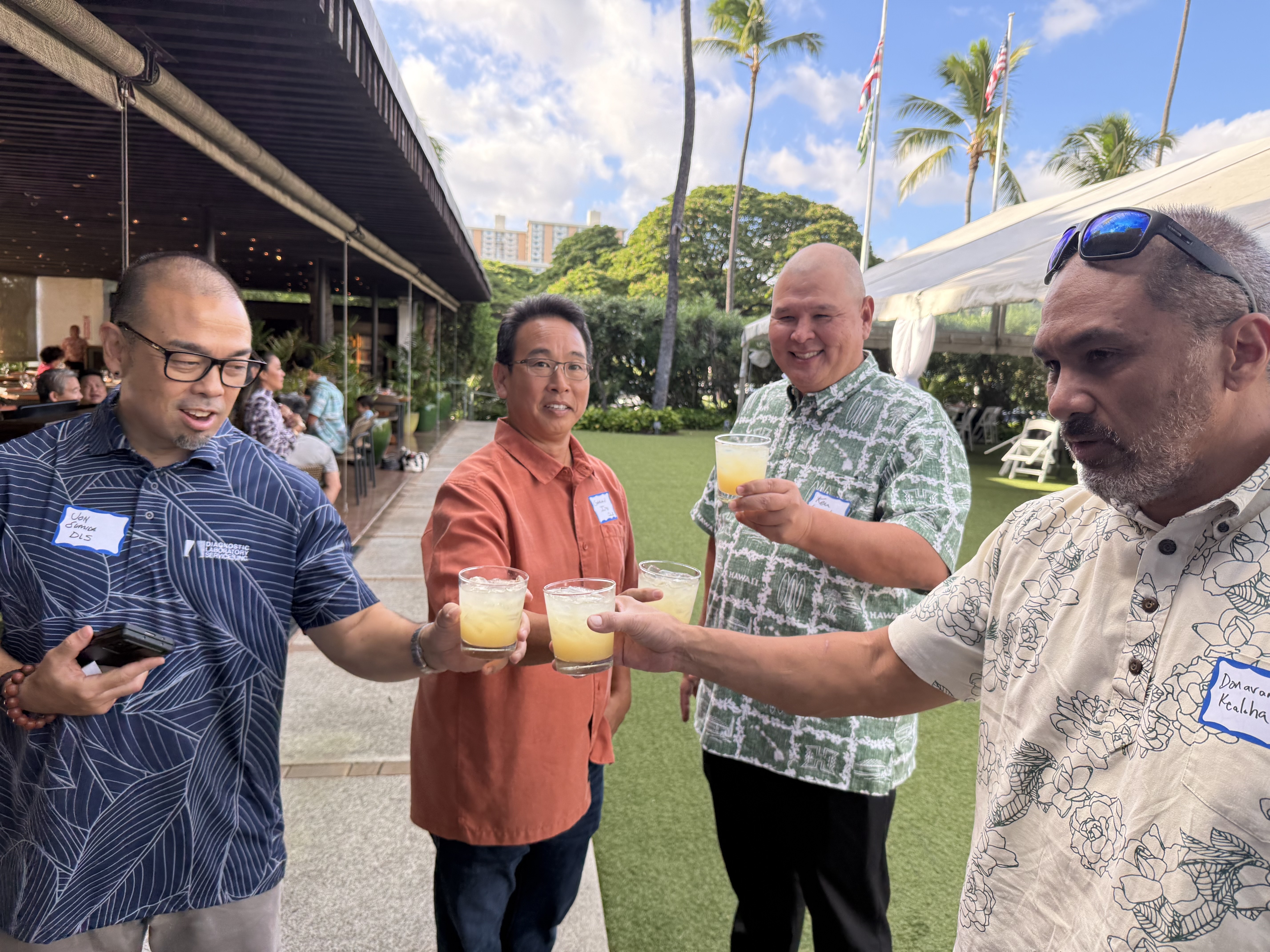 Left to right: Jon Sumida (CIO, Diagnostic Laboratory Services), Garan Ito (Vice President Business Development, DLS) , Ken Lincoln, (Director of Sales, Marketing & Communication, DLS) and Donavan Kealoha (Managing Director, Startup Capital Ventures x SBI Fund) enjoying the signature drink of the evening, the HG800. | Paubox Social Mixer in Honolulu