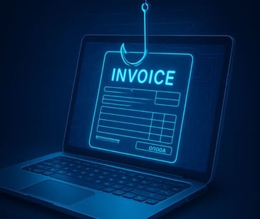 laptop with invoice and fish hook